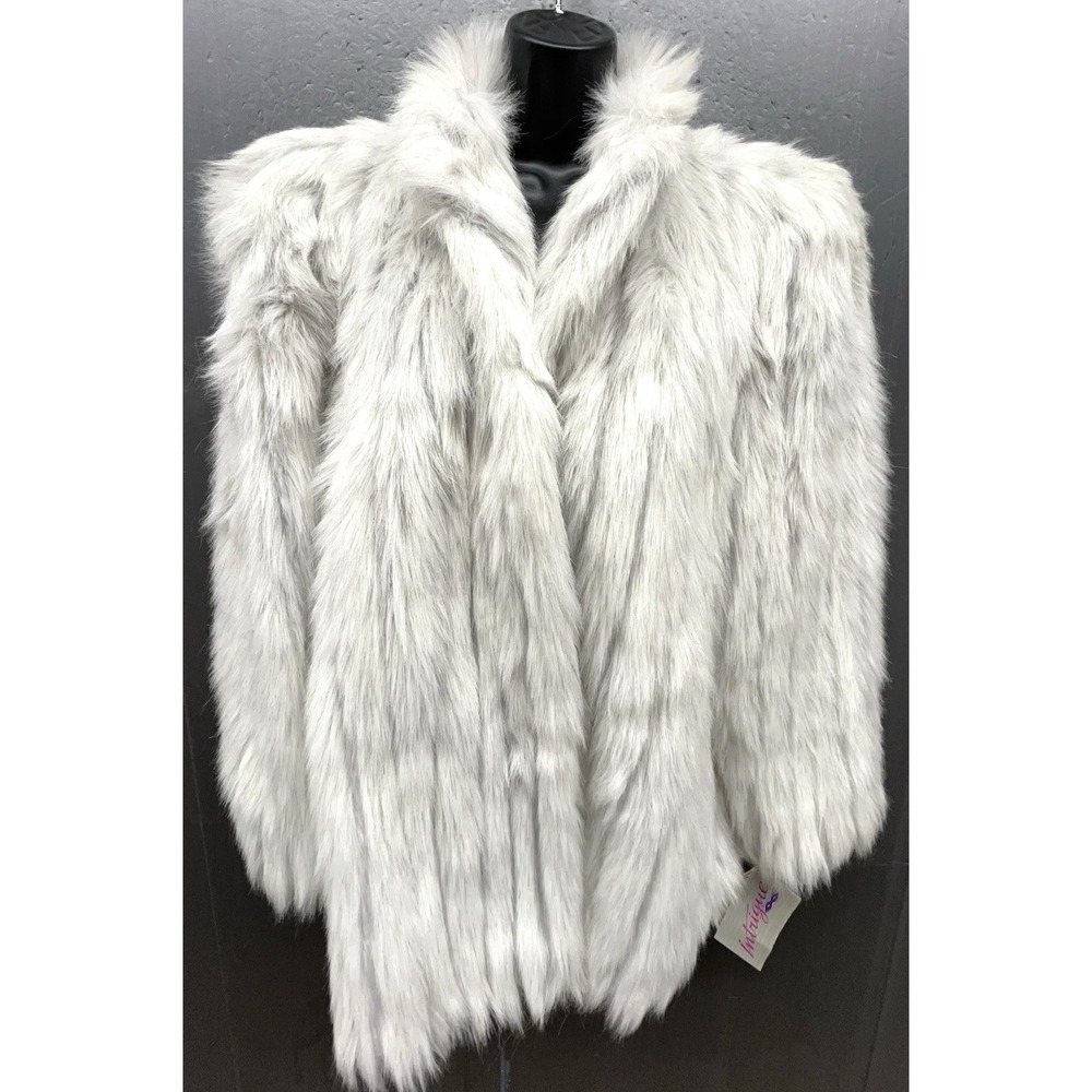 Vintage Faux Fur Coat 14 White Gray Mid Length Luxury Statement Mob Wife USA NEW